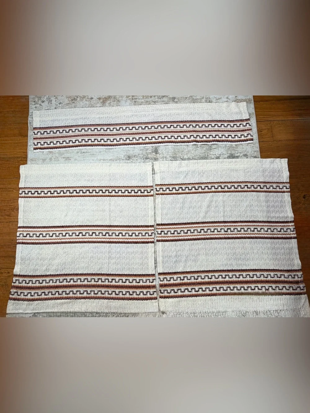VTG 1970s Sears Woven Cafe Curtains With Valance 3 Pc Set White Brown Orange Tan